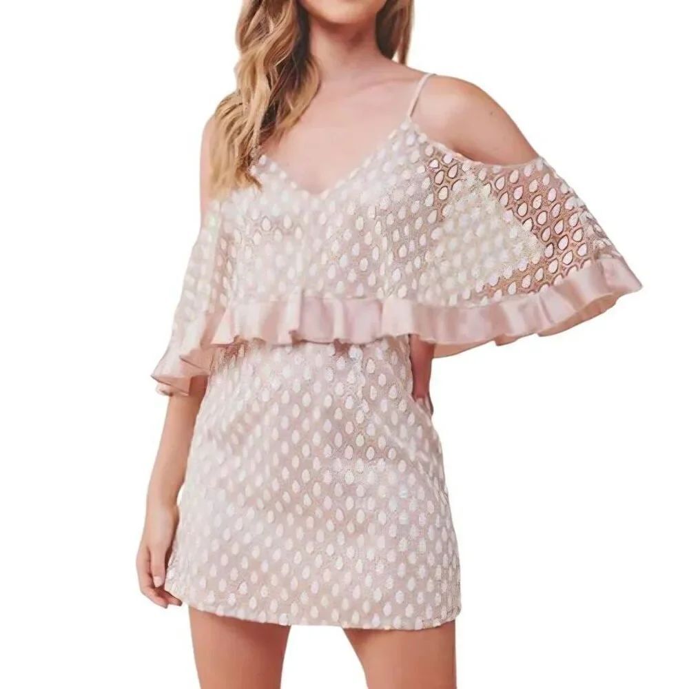 NWT Selfie Leslie Dress Women's XS Beige Mini Cold Shoulder Glitter Sexy